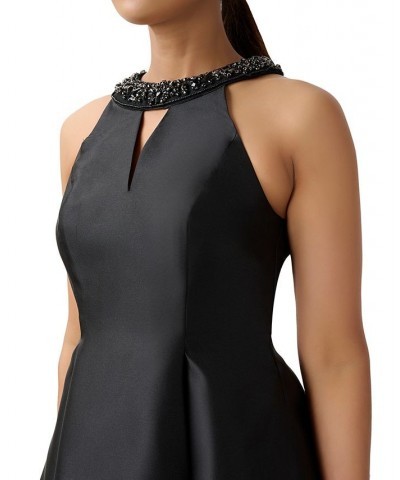 Women's Beaded Mikado Fit & Flare Dress Black $77.33 Dresses