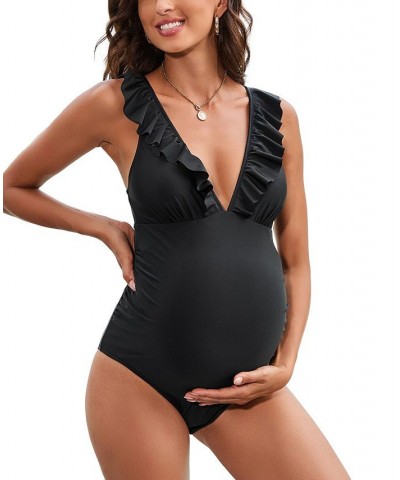 Women's Deep V Neck Ruffle Back Tie One Piece Maternity Swimsuit Black $22.55 Swimsuits