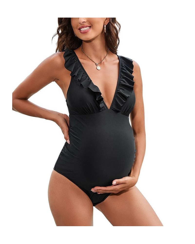 Women's Deep V Neck Ruffle Back Tie One Piece Maternity Swimsuit Black $22.55 Swimsuits