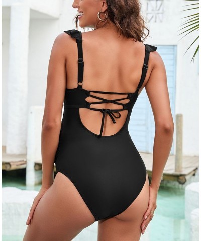 Women's Deep V Neck Ruffle Back Tie One Piece Maternity Swimsuit Black $22.55 Swimsuits