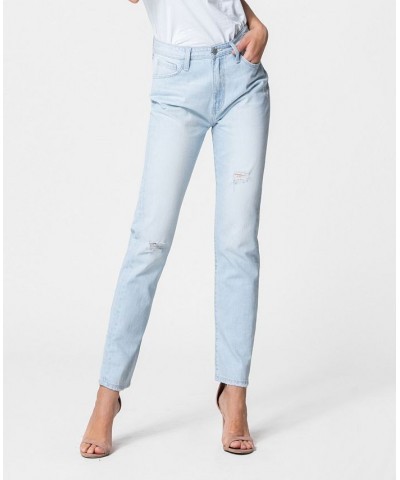 Women's Light Wash Distressed Mom Jeans Light Blue $42.79 Jeans