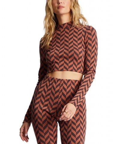 Juniors' New Heights Printed Mock-Neck Crop Top Brick $20.23 Tops