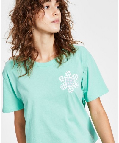 Juniors' Cotton Checkered Flower Graphic Tee Neptune Green $10.39 Tops
