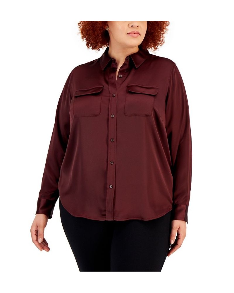 Plus Size Satin Utility Shirt Rich Malbec $18.78 Tops