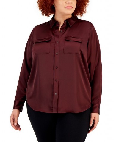 Plus Size Satin Utility Shirt Rich Malbec $18.78 Tops