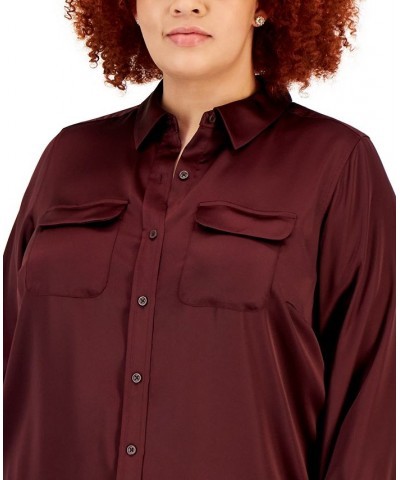 Plus Size Satin Utility Shirt Rich Malbec $18.78 Tops