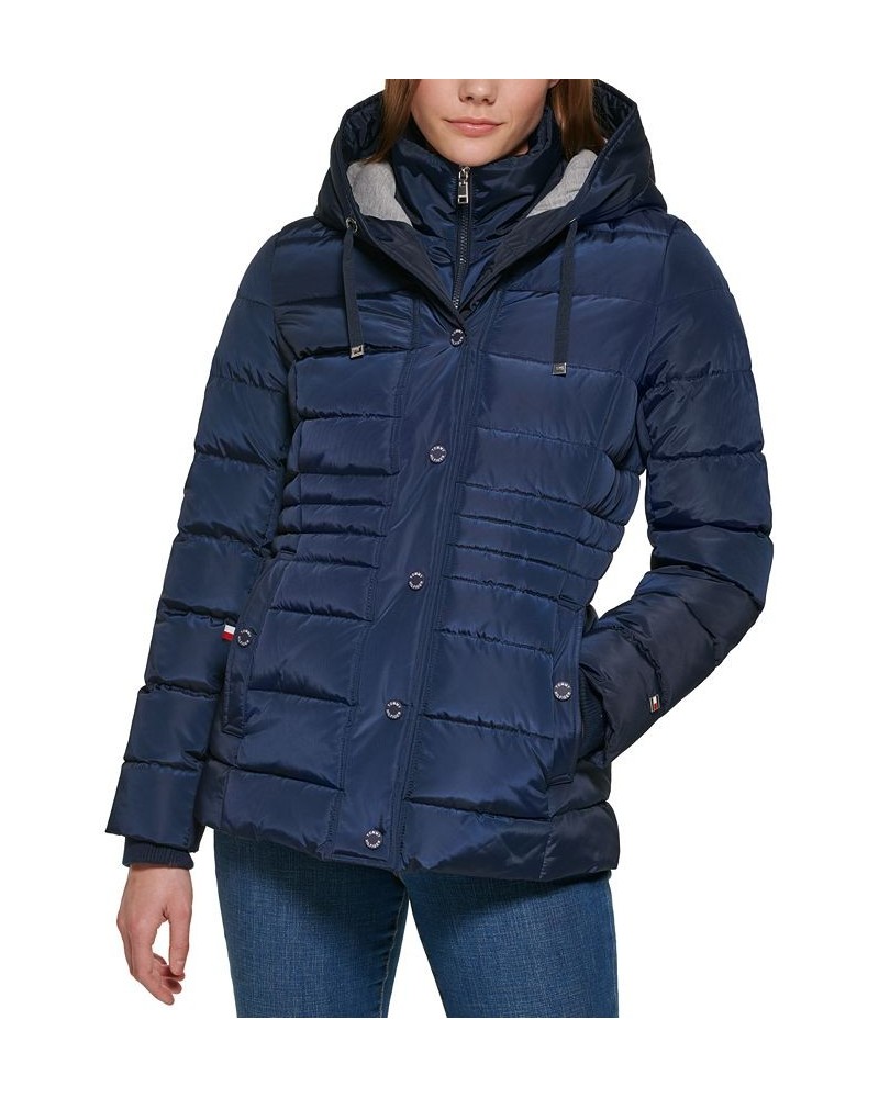 Women's Knit Hooded Puffer Coat Blue $75.20 Coats