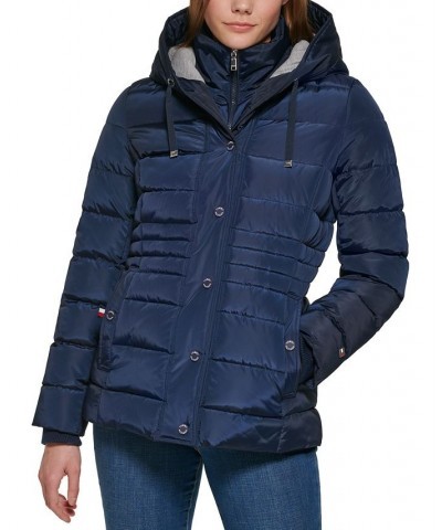 Women's Knit Hooded Puffer Coat Blue $75.20 Coats