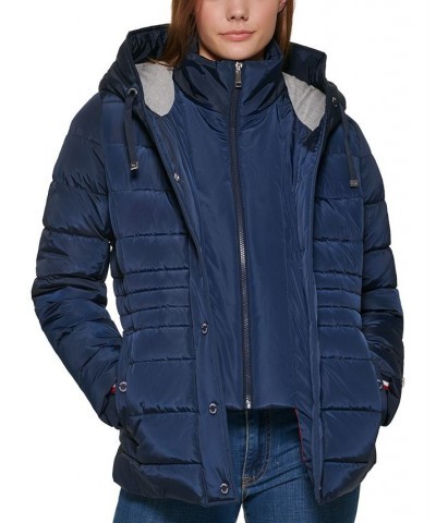 Women's Knit Hooded Puffer Coat Blue $75.20 Coats