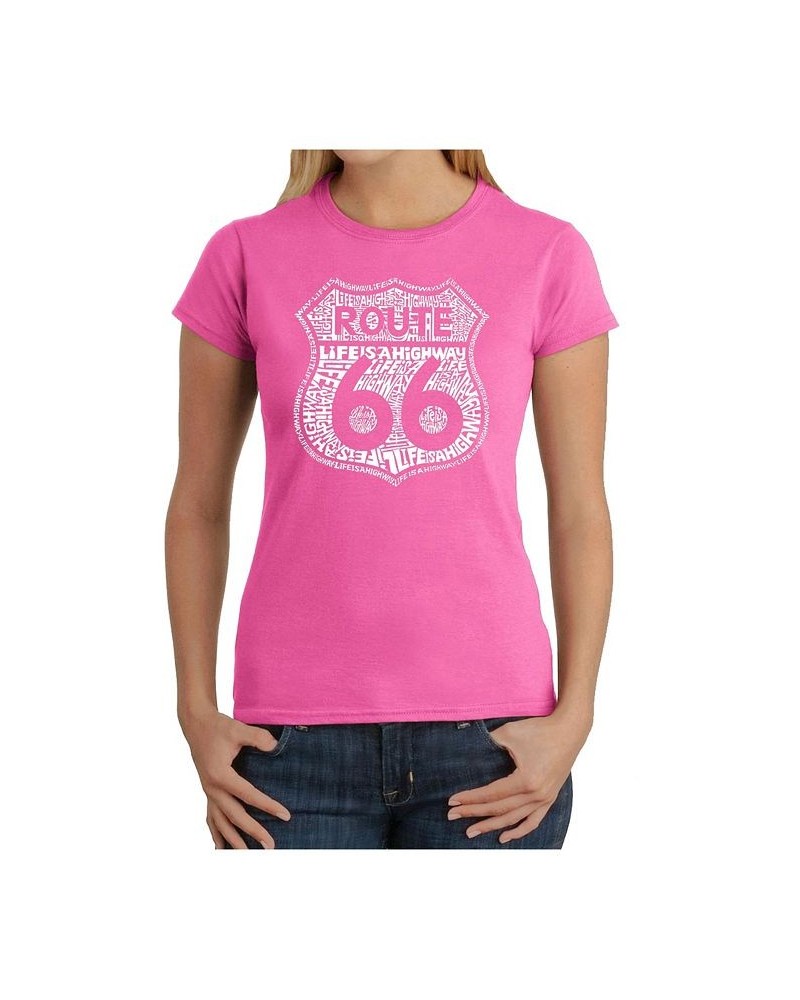 Women's T-Shirt with Route 66 Life Is A Highway Word Art Pink $18.89 Tops