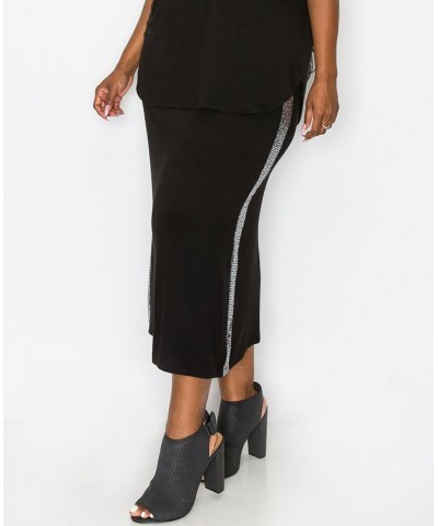 Plus Size Sequin Side Contrast Fold Over Midi Skirt Silver-Tone Black $16.80 Skirts