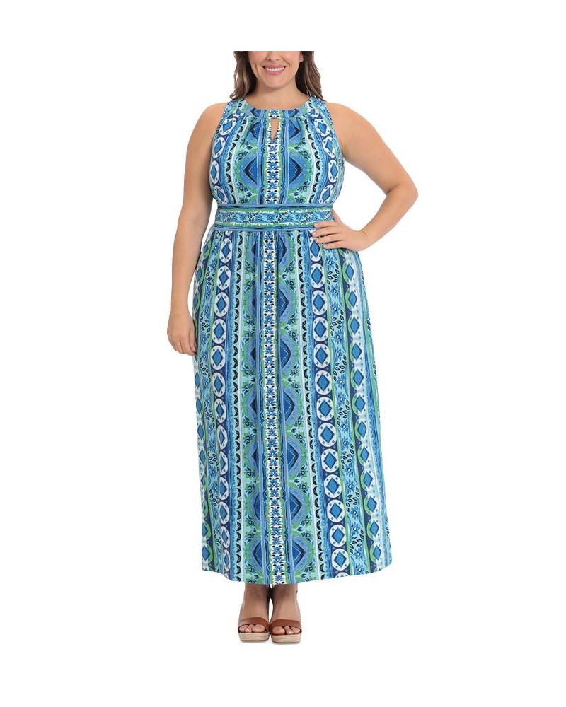 Plus Size Halter Keyhole Printed Maxi Dress Blue $41.42 Dresses