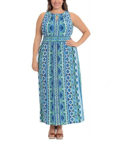 Plus Size Halter Keyhole Printed Maxi Dress Blue $41.42 Dresses