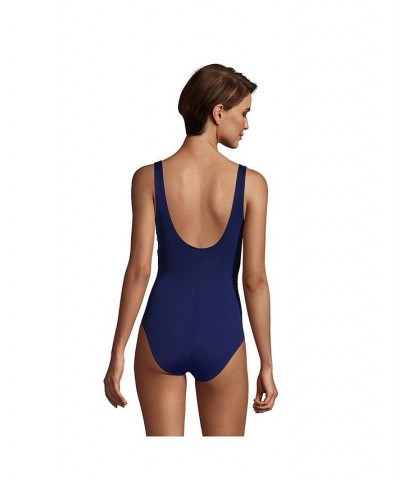 Women's Long SlenderSuit Tummy Control V-neck Wrap One Piece Swimsuit Blue $71.28 Swimsuits