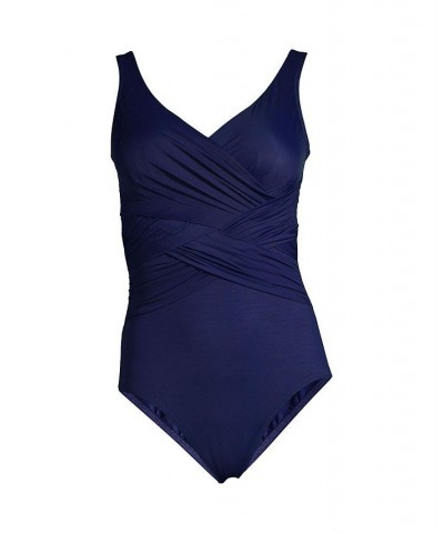 Women's Long SlenderSuit Tummy Control V-neck Wrap One Piece Swimsuit Blue $71.28 Swimsuits