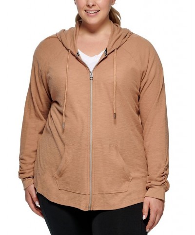 Plus Size Ruched-Sleeve Zip Hoodie Teak $17.78 Jackets