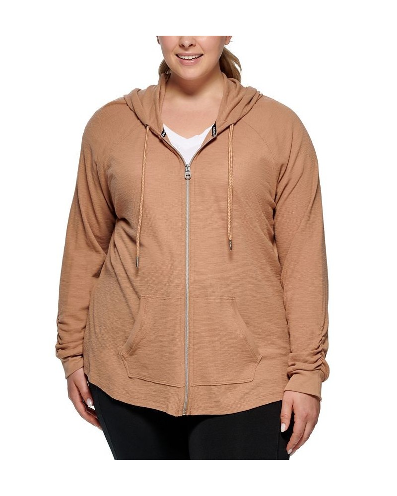 Plus Size Ruched-Sleeve Zip Hoodie Teak $17.78 Jackets