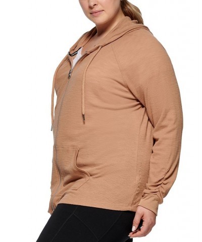 Plus Size Ruched-Sleeve Zip Hoodie Teak $17.78 Jackets