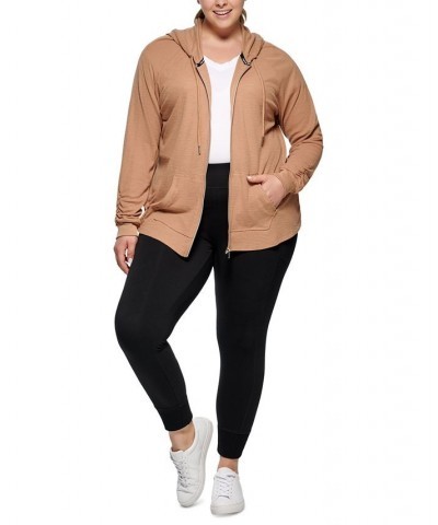 Plus Size Ruched-Sleeve Zip Hoodie Teak $17.78 Jackets