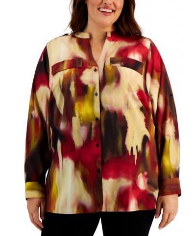 Plus Size Printed Button-Up Long-Sleeve Top Cranberry Multi Combo $29.74 Tops