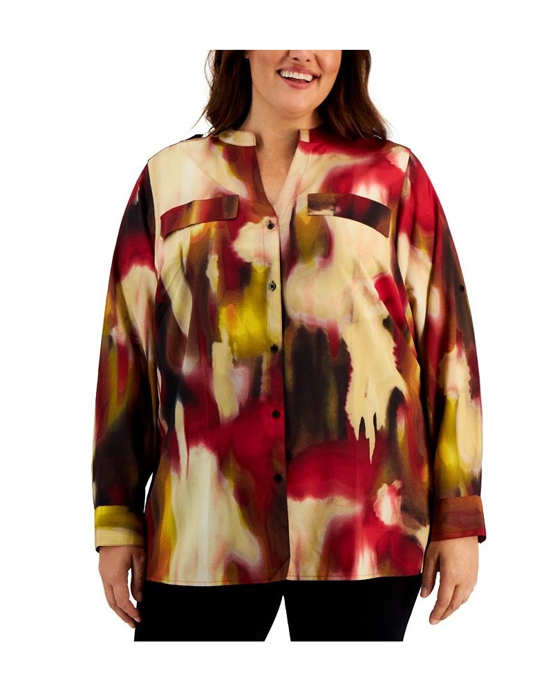 Plus Size Printed Button-Up Long-Sleeve Top Cranberry Multi Combo $29.74 Tops