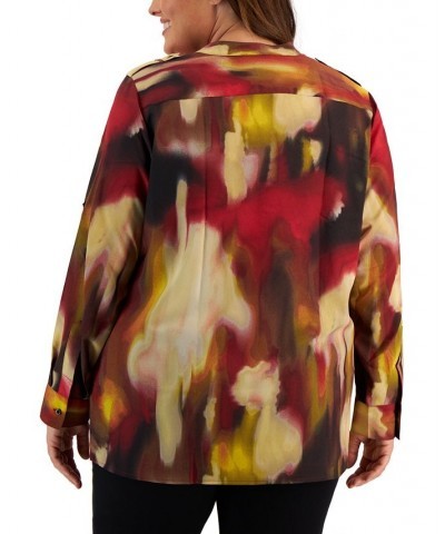 Plus Size Printed Button-Up Long-Sleeve Top Cranberry Multi Combo $29.74 Tops