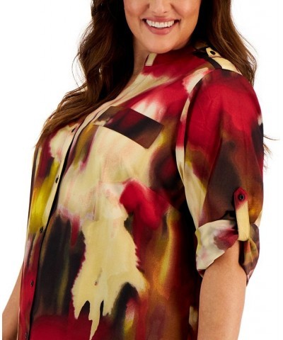 Plus Size Printed Button-Up Long-Sleeve Top Cranberry Multi Combo $29.74 Tops