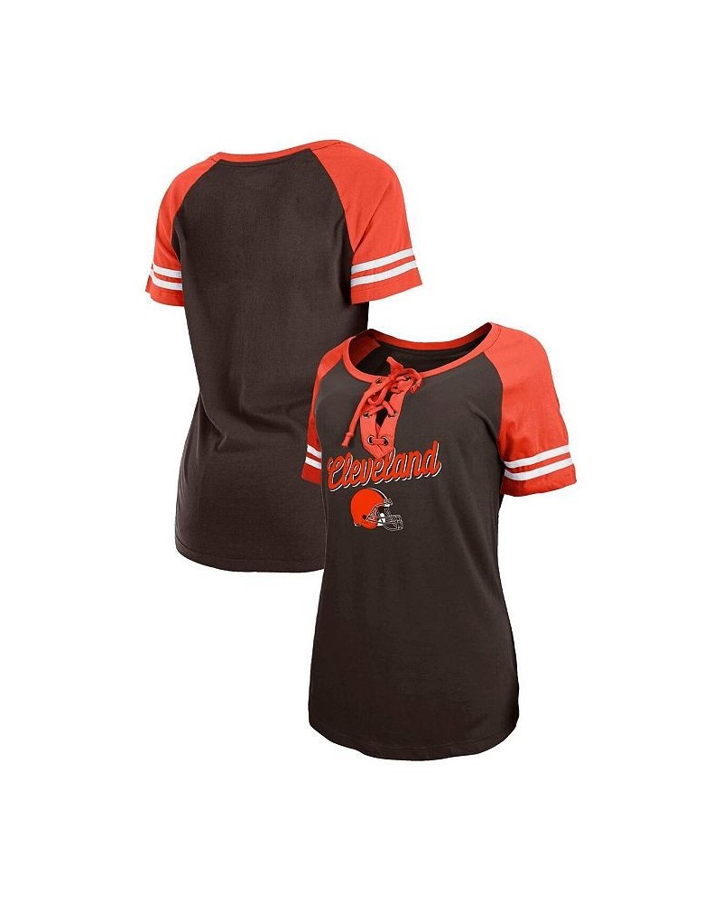 Women's Brown Orange Cleveland Browns Logo Lace-Up Raglan T-shirt Brown $28.31 Tops