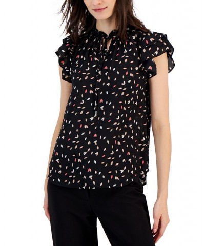 Women's Printed Ruffled Tie-Neck Flutter-Sleeve Top Anne Black Multi $23.76 Tops