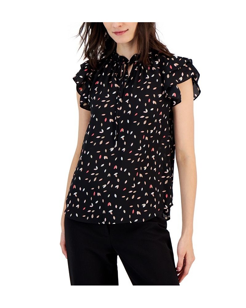 Women's Printed Ruffled Tie-Neck Flutter-Sleeve Top Anne Black Multi $23.76 Tops