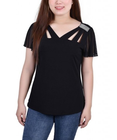 Women's Short Flutter Sleeve Top with Cutouts and Stones Black $14.88 Tops