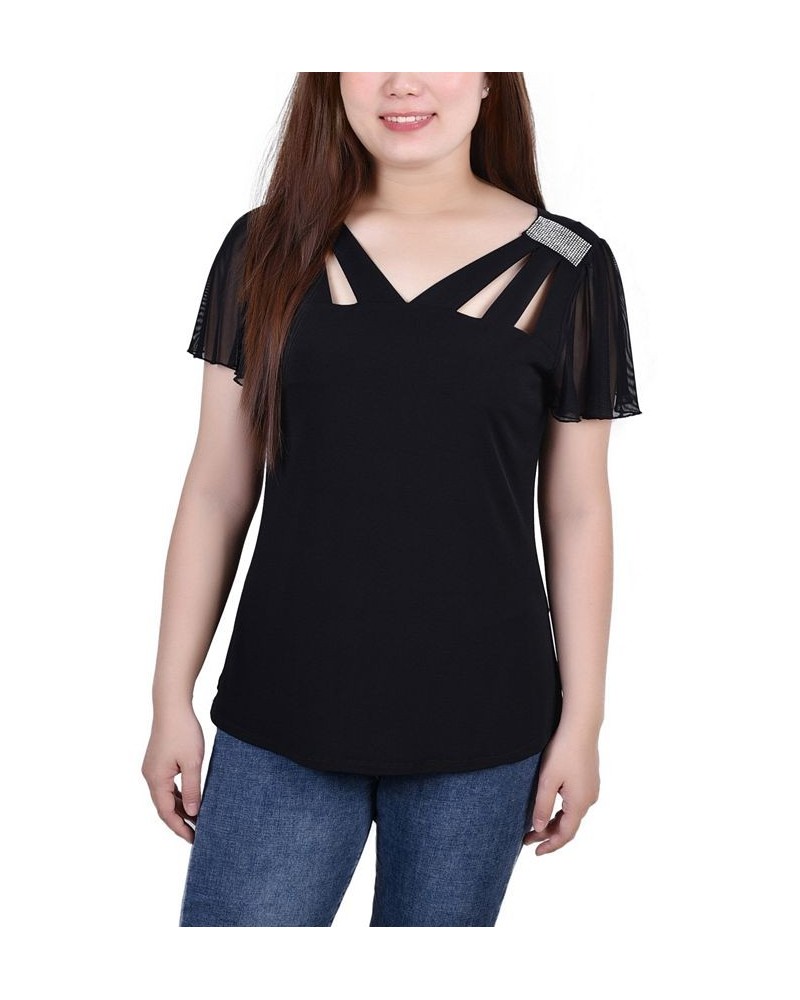 Women's Short Flutter Sleeve Top with Cutouts and Stones Black $14.88 Tops