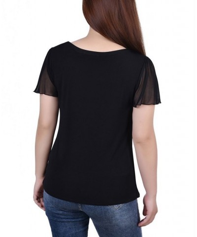 Women's Short Flutter Sleeve Top with Cutouts and Stones Black $14.88 Tops