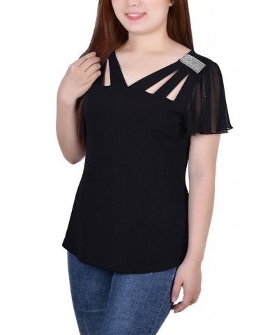 Women's Short Flutter Sleeve Top with Cutouts and Stones Black $14.88 Tops