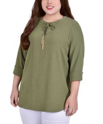 Plus Size Long Sleeve Tie Neck Blouse with Tassels Olive $14.60 Tops