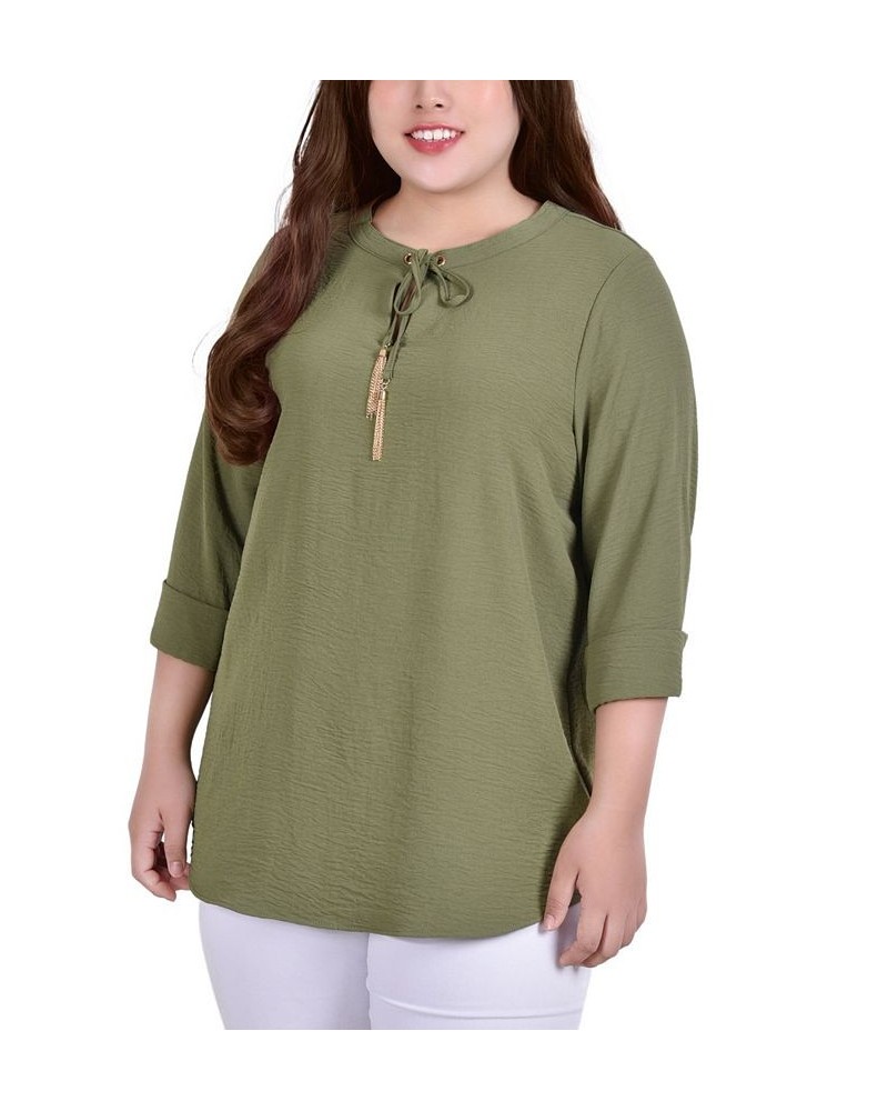 Plus Size Long Sleeve Tie Neck Blouse with Tassels Olive $14.60 Tops