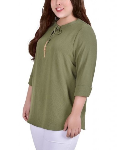 Plus Size Long Sleeve Tie Neck Blouse with Tassels Olive $14.60 Tops