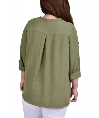 Plus Size Long Sleeve Tie Neck Blouse with Tassels Olive $14.60 Tops