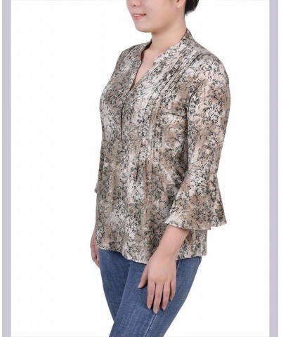 Petite 3/4 Bell Sleeve Printed Pleat Front Y-neck Top Taupe Etch $13.55 Tops