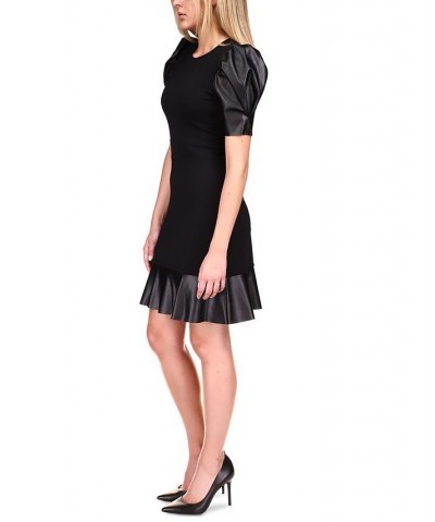 Puff-Sleeve Ruffle-Trim Dress Black $45.76 Dresses