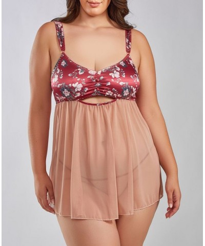 Kia Plus Size Mesh and Smooth Micro Floral Soft Bra Babydoll with Matching Panty 2 Piece Red-Nude $46.98 Lingerie
