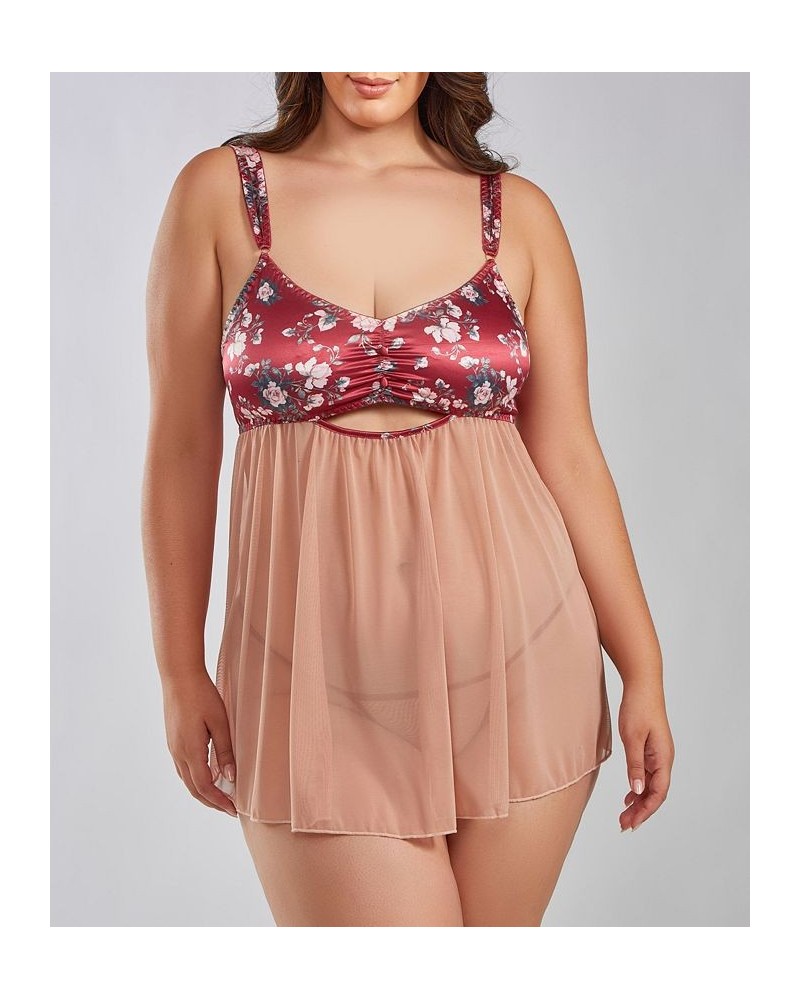 Kia Plus Size Mesh and Smooth Micro Floral Soft Bra Babydoll with Matching Panty 2 Piece Red-Nude $46.98 Lingerie