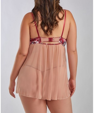 Kia Plus Size Mesh and Smooth Micro Floral Soft Bra Babydoll with Matching Panty 2 Piece Red-Nude $46.98 Lingerie