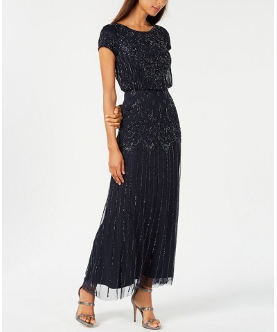 Women's Beaded Short-Sleeve Sheer-Overlay Gown Navy $94.05 Dresses