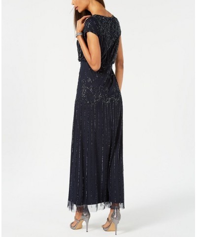 Women's Beaded Short-Sleeve Sheer-Overlay Gown Navy $94.05 Dresses