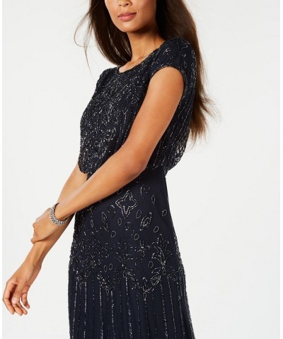 Women's Beaded Short-Sleeve Sheer-Overlay Gown Navy $94.05 Dresses