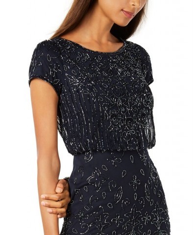 Women's Beaded Short-Sleeve Sheer-Overlay Gown Navy $94.05 Dresses