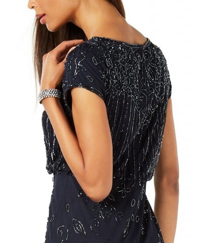 Women's Beaded Short-Sleeve Sheer-Overlay Gown Navy $94.05 Dresses