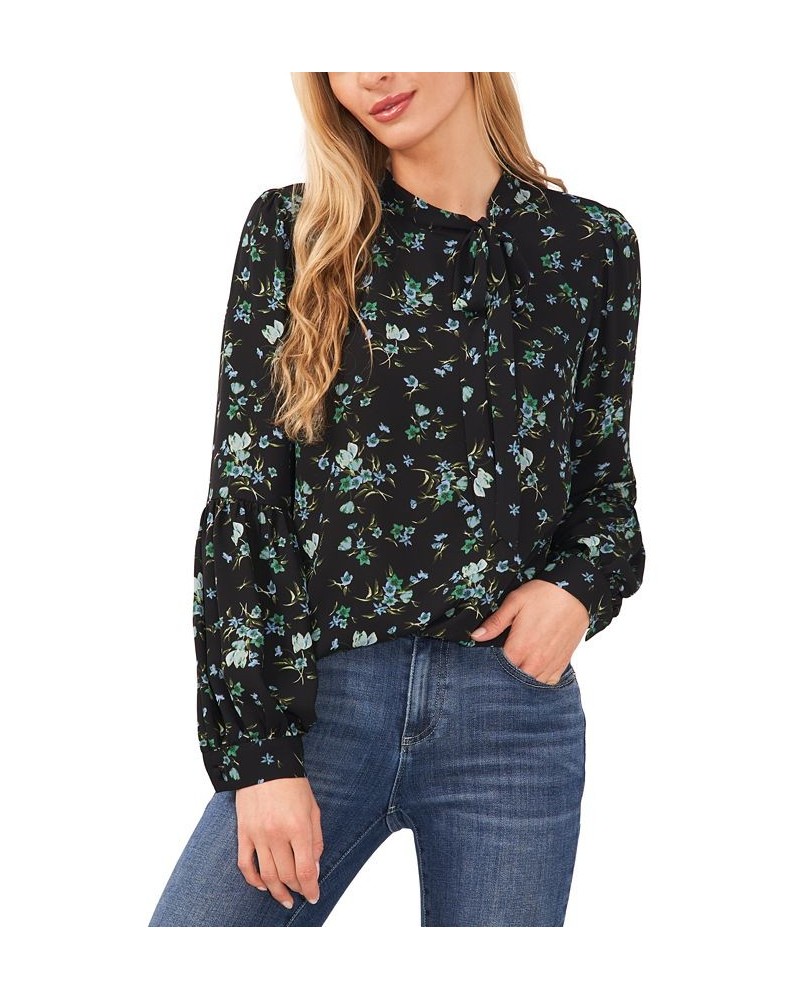 Women's Printed Tie-Neck Blouse Rich Black $22.96 Tops