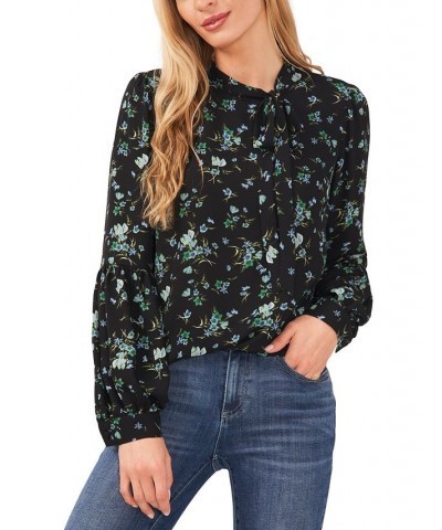 Women's Printed Tie-Neck Blouse Rich Black $22.96 Tops